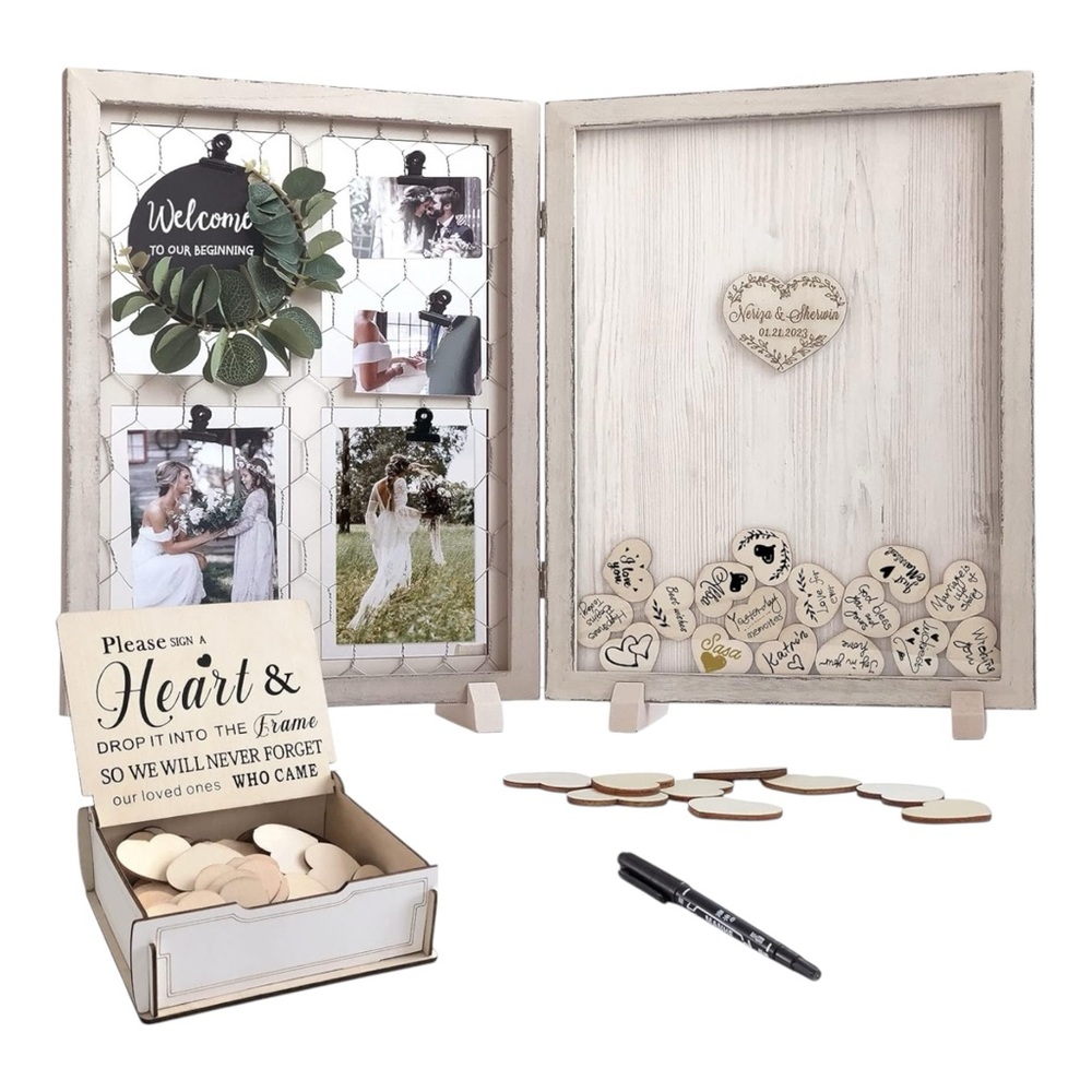 Elegant Wedding Guest Book Alternative – Pinewood Frame with Wooden Hearts